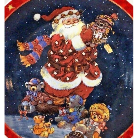 Santa Claus Christmas Cake Plate w Server Holiday Party Platter Teddy Bear Toy - Picture 3 of 8